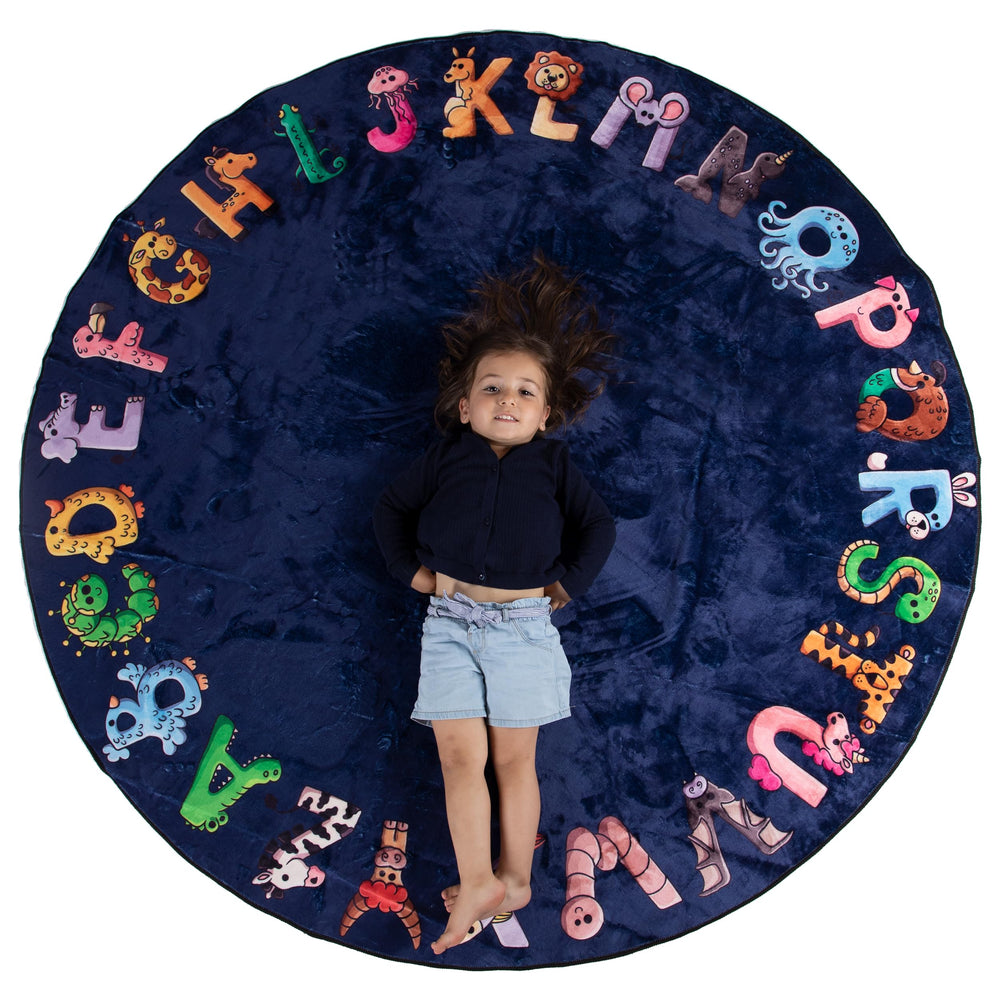 Malamaa ABC rug 6ft blue round, ideal for expansive toddler play areas