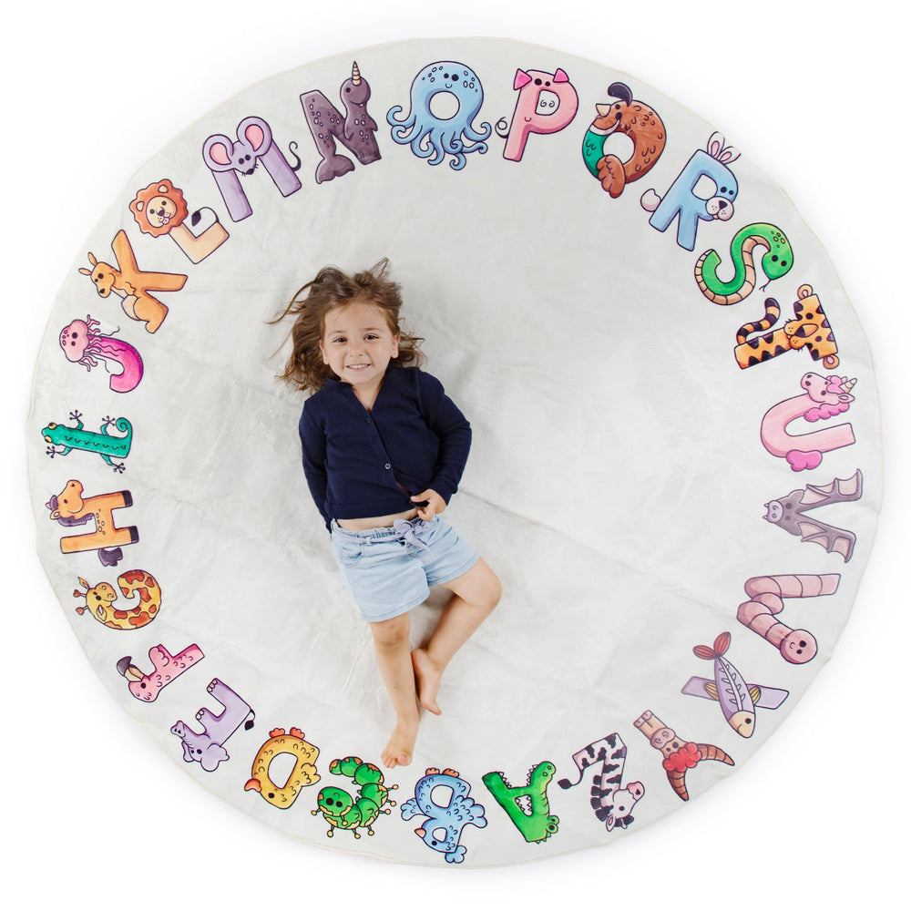 Malamaa ABC Rug 72-inch circle yellow; large circle play area for group learning.