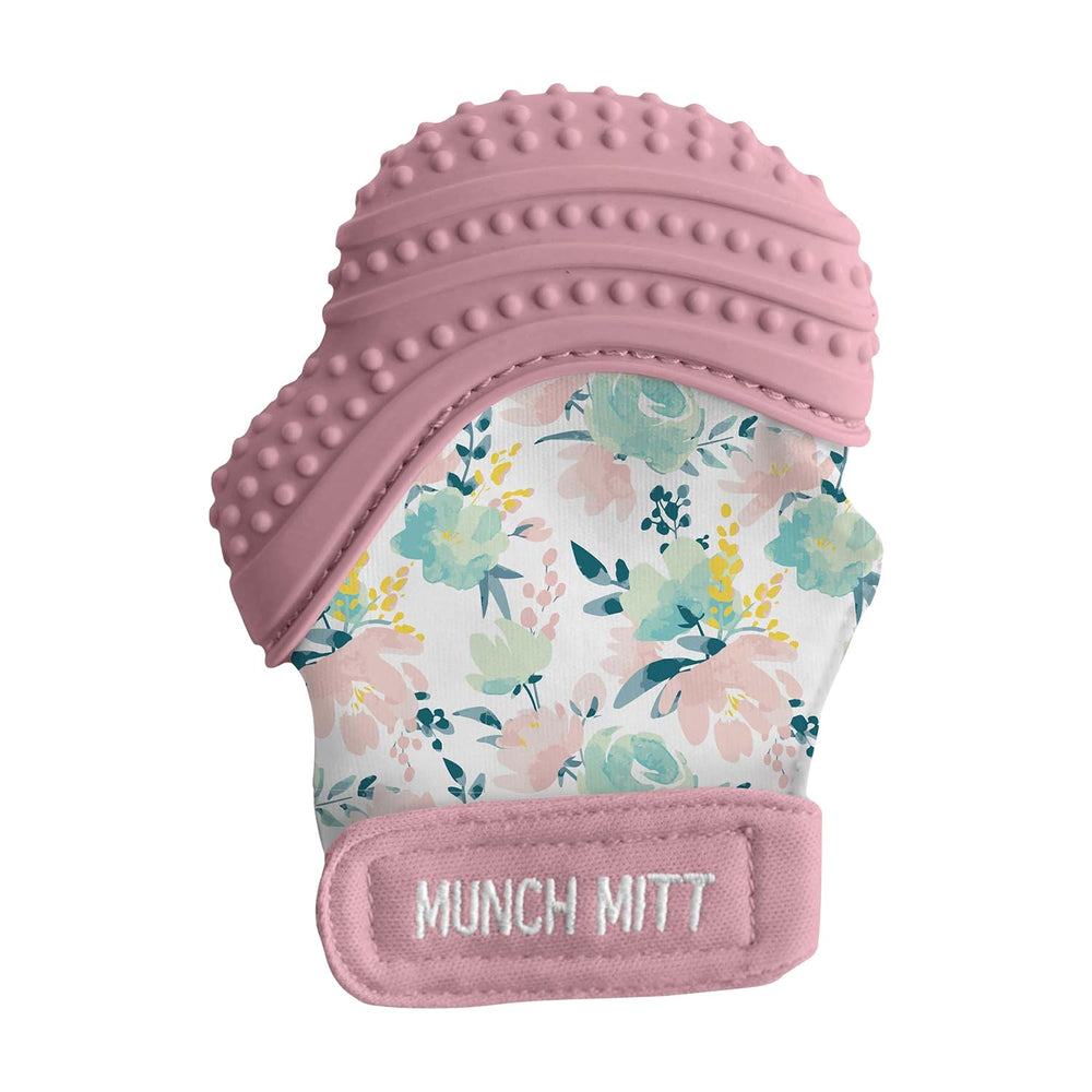 Malarkey Kids Munch Mitt teething mitten on baby's hand for safe chewing