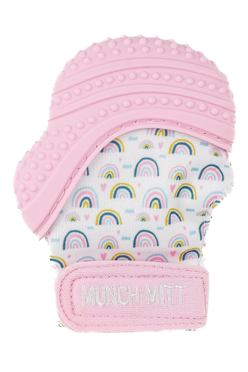 Malarkey Kids Munch Mitt in pink safeguards baby's hands during teething