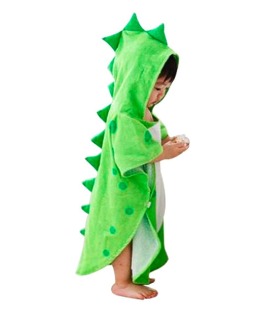 Maleroads soft cotton baby towel with green dinosaur hood dries and warms after bath.
