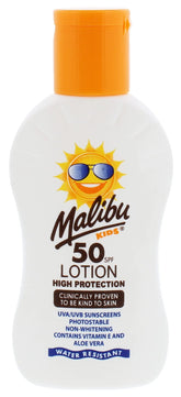 Malibu Kids Lotion SPF50 100ml front bottle for outdoor sun protection.