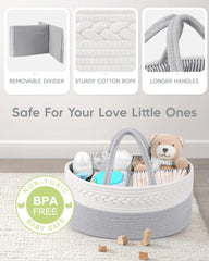 Maliton diaper caddy with removable divider creates flexible storage compartments.