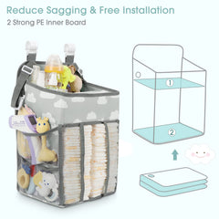 Maliton caddy with C-clip hooks attached to crib for quick diaper access