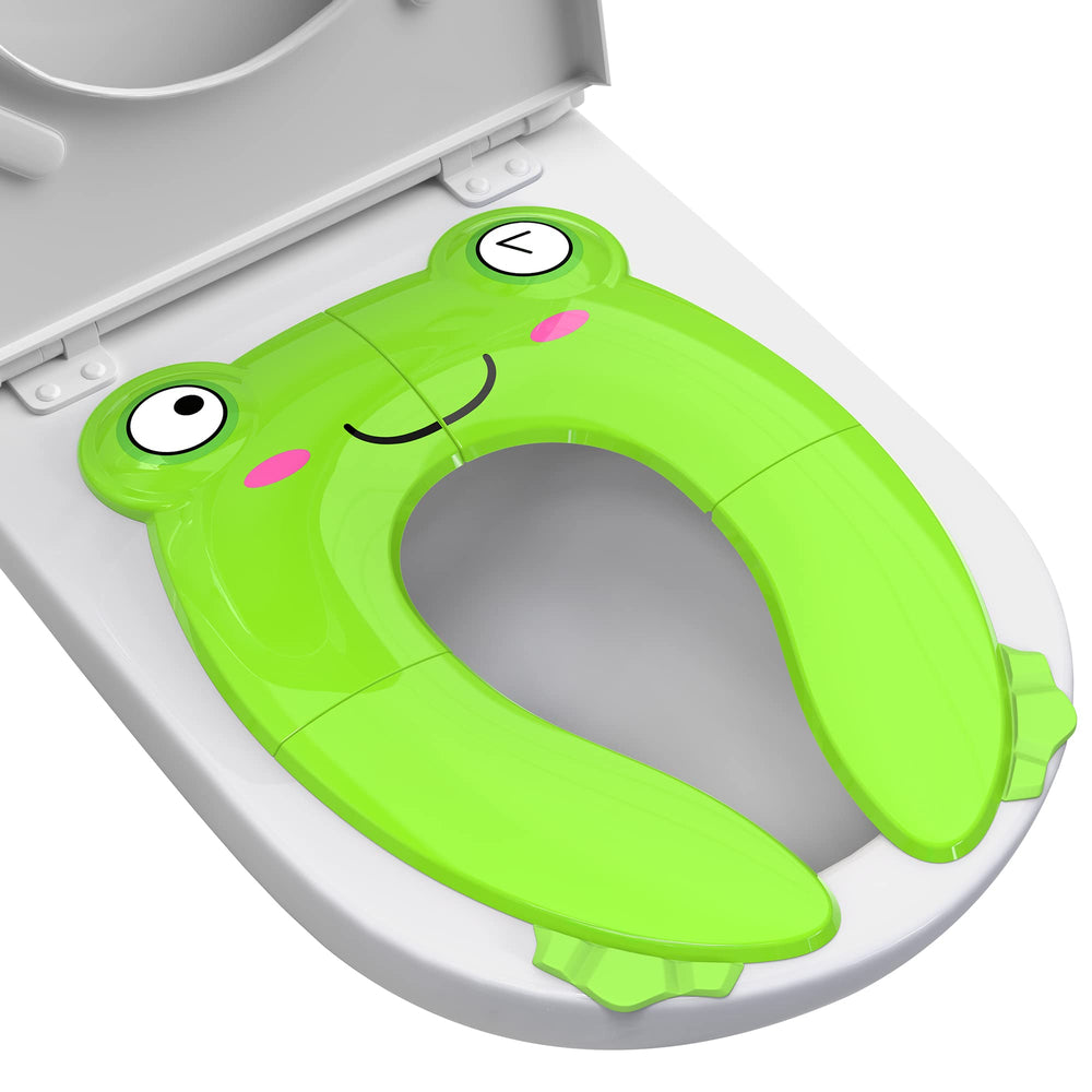 Maliton portable potty seat with green frog design, front view for toddlers.