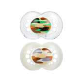 MAM Original pacifier camo neutral two-pack for travel and quick swaps.