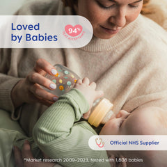 Orthodontic teat shape facilitates easy switch between breast and bottle.