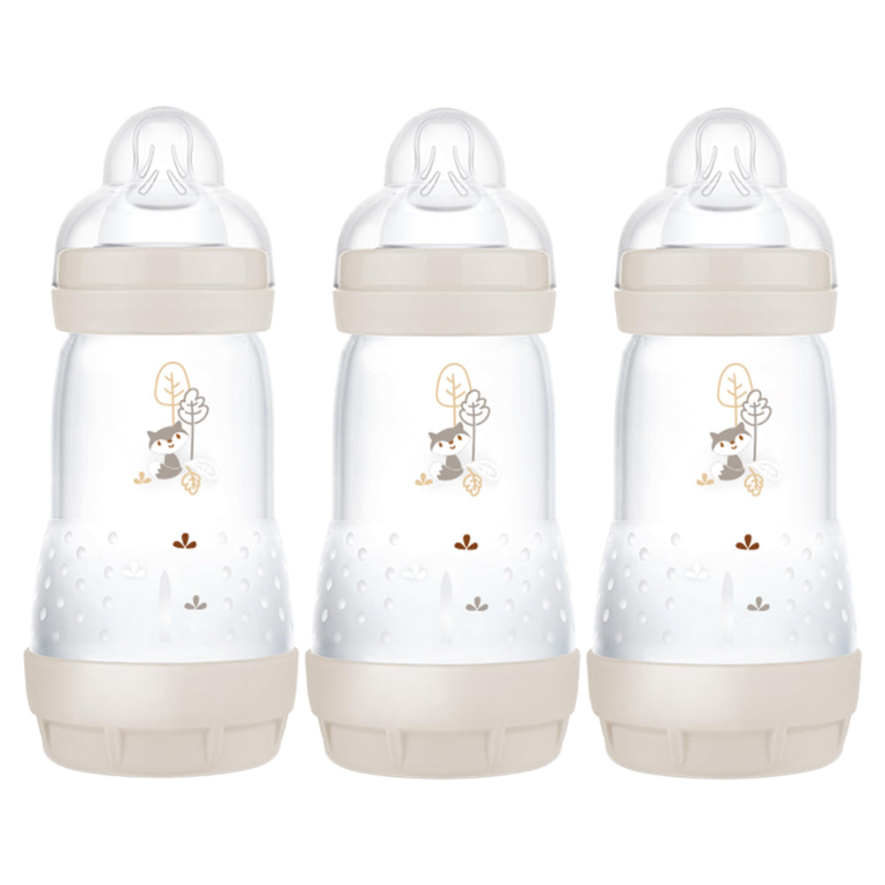 MAM self-sterilising bottle 260ml pack in neutral colours for easy sterilisation.