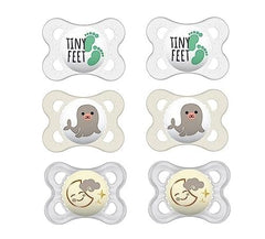 Mam glow-in-the-dark pacifier variety pack with six nipple types for nighttime locating.