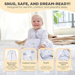 Adjustable foot openings on Mama Cheetah sleepsack illustrate snug warmth