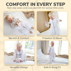 Mama Cheetah wearable blanket with adjustable foot openings supports mobility.