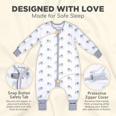 Mama Cheetah footed sleep sack promotes warmth and mobility