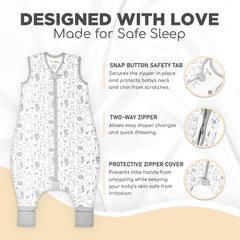Safety tab detail on Mama Cheetah sleep sack protects neck and chin