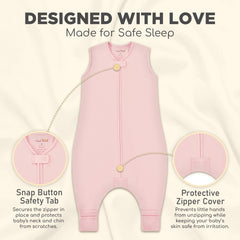 Sleep sack walker with safety tab protecting neck and chin while snug