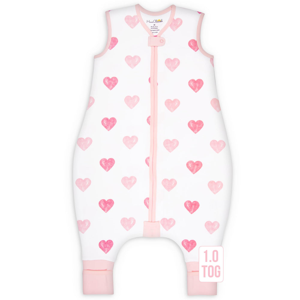 Mama Cheetah toddler sleep sack with feet in 1.0 TOG, breathable organic cotton for gentle warmth.