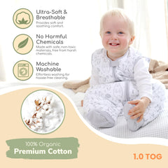 Mama Cheetah Toddler Sleep Sack with Feet TOG 1.0 label indicating warmth level