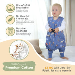 Mama Cheetah wearable sleep sack with feet featuring adjustable foot openings for mobility.