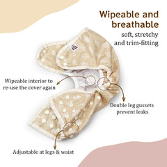 Mama Koala double gusset design hugs the leg to help contain messes.