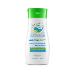 Mamaearth Daily Nourishing Body Wash for babies in a gentle bath scene.