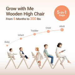MAMAZING GrowPod Pro wooden high chair with dual trays for easy feeding