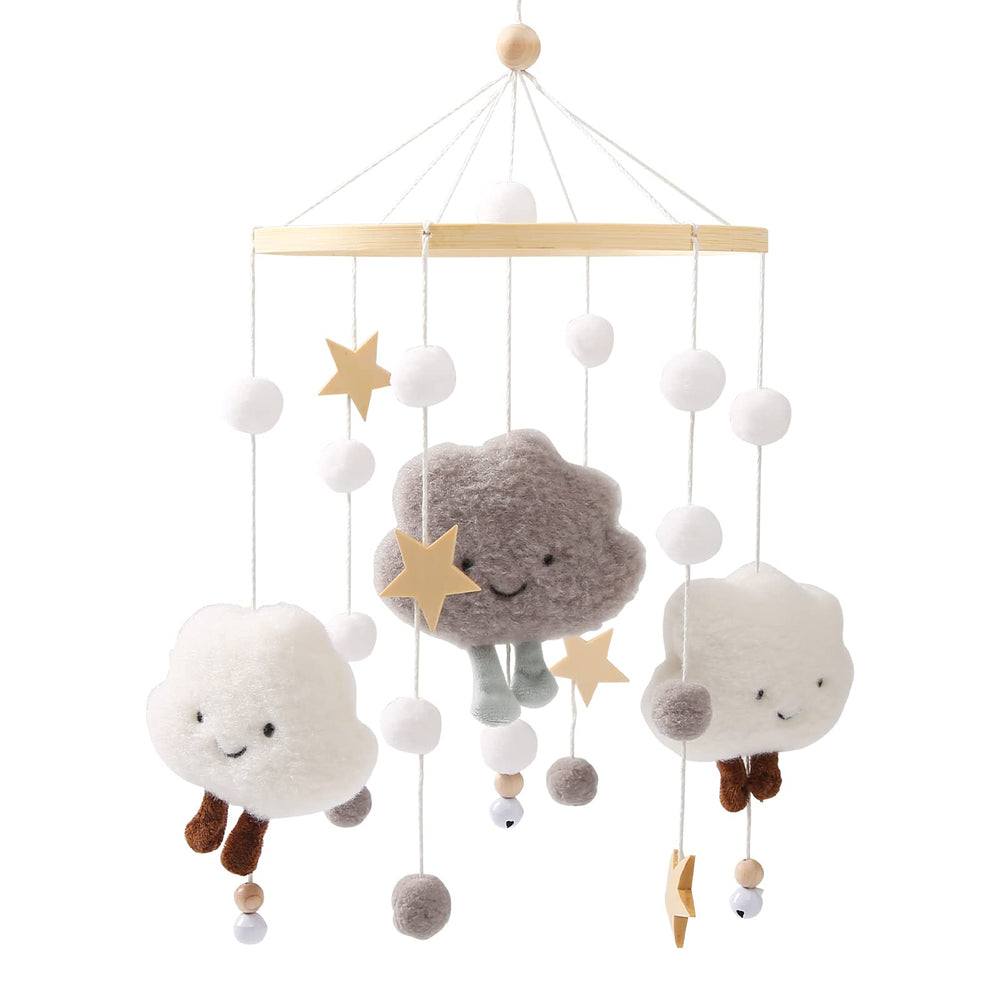 Mamimami Home clouds mobile on wooden hoop promotes calm visual stimulation for soothing babies.
