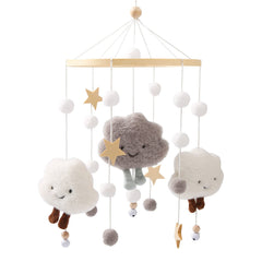 Mamimami Home clouds mobile on wooden hoop promotes calm visual stimulation for soothing babies.