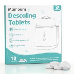 Mamouris descaling tablets demonstrating compatibility with Baby Brezza bottle washers for mineral buildup removal.