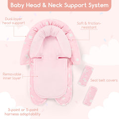 Man Fai Sky head neck support in pink keeps newborn heads aligned on the go.