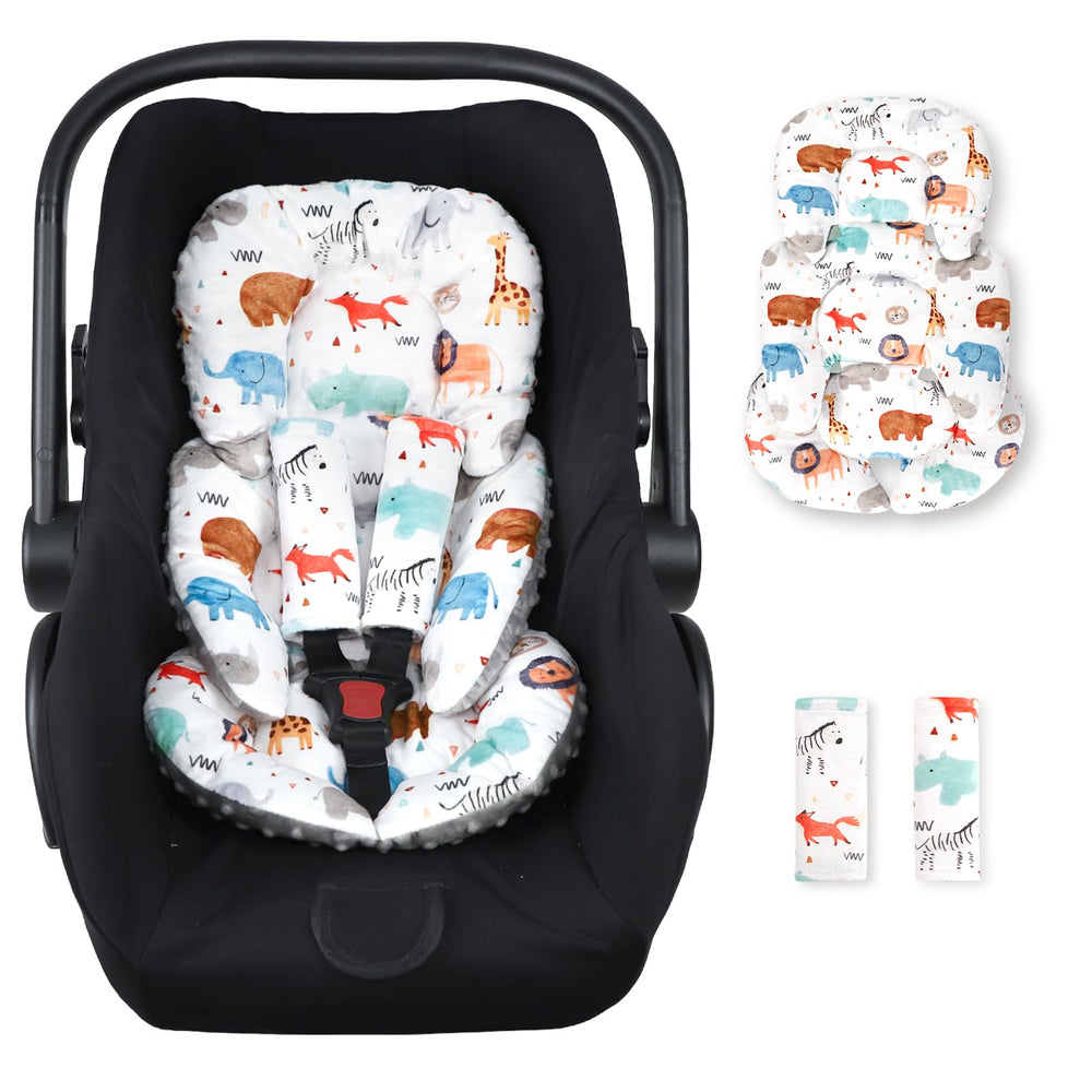 Man Fai Sky infant car seat insert provides secure head support for travel.