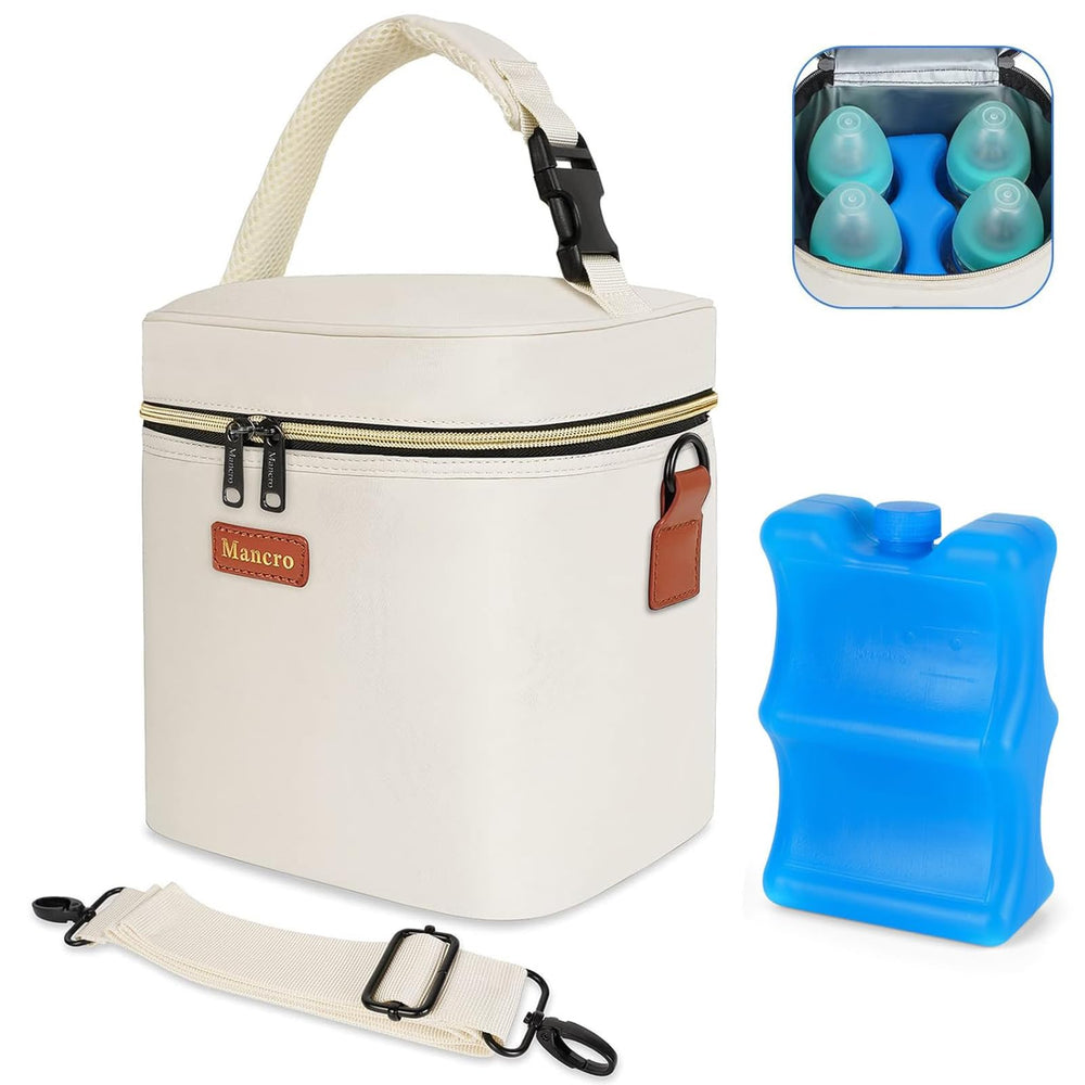 Mancro cream breastmilk cooler bag interior with four 9-ounce bottles