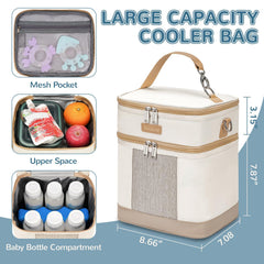 Mancro cooler bag for six bottles shows space for bottles and a top pocket.