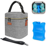 Mancro insulated breastmilk cooler bag shows four 9 oz bottles for on-the-go feeding