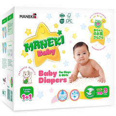 MANEKI Baby Diapers Size 3 ultra-thin core keeps skin dry during play.