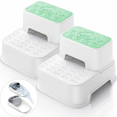Mangohood 2Step Stool green dual-pack for kids promotes independent bathroom and kitchen tasks.