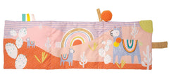 Manhattan Toy Llama Soft Baby Activity Book crinkle-rainbow texture enhances sensory discovery during play.