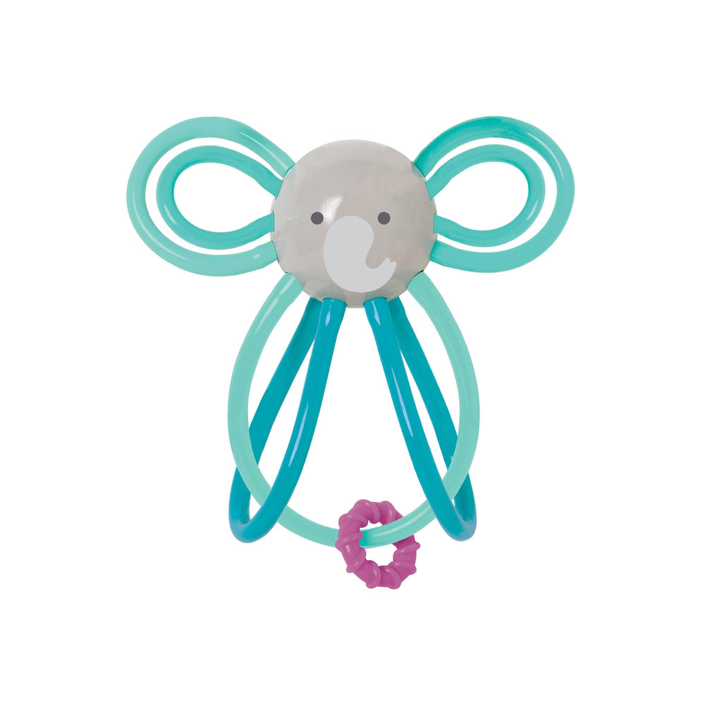 Manhattan Toy Winkel Elephant Rattle image highlighting a colorful baby teether and sound.