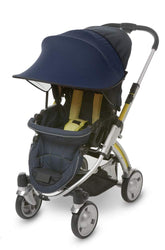 Manito Sun Shade Navy attached to stroller with UV protection and easy fit.