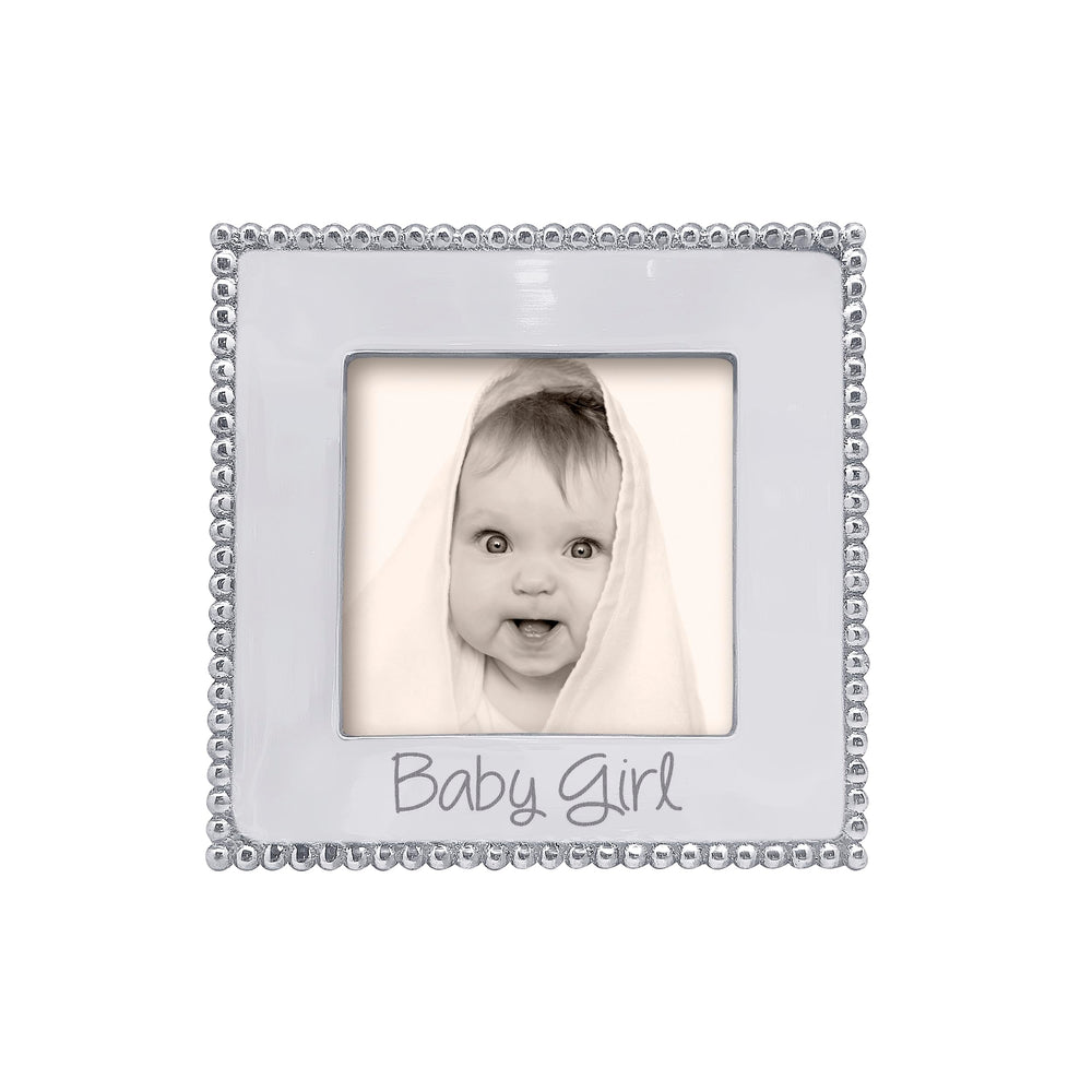 Mariposa Baby Girl Beaded 4x4 Frame in silver with delicate beading for keepsake display.