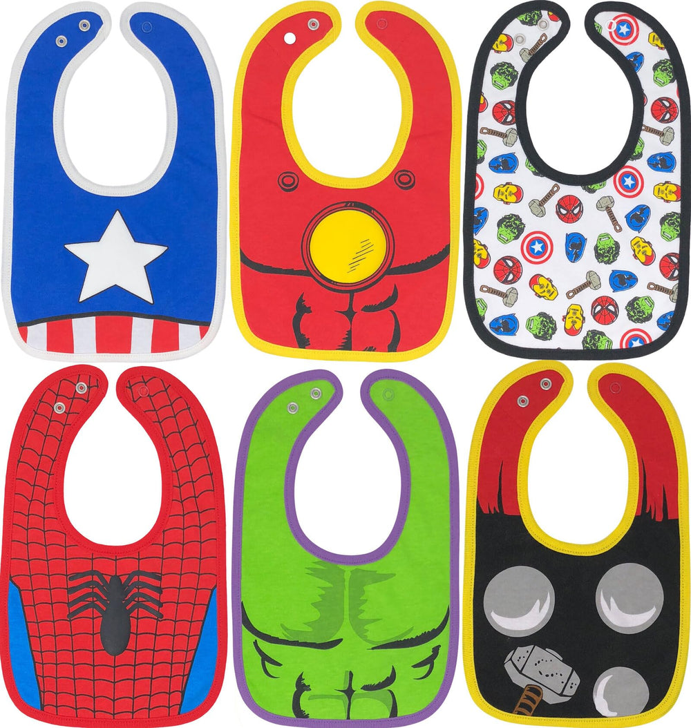 Marvel Avengers baby bib with Spiderman print keeps outfits clean during meals.