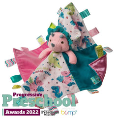 Mary Meyer Taggies Aroar-a-saurus pink dinosaur frill highlights tactile exploration and soft textures.