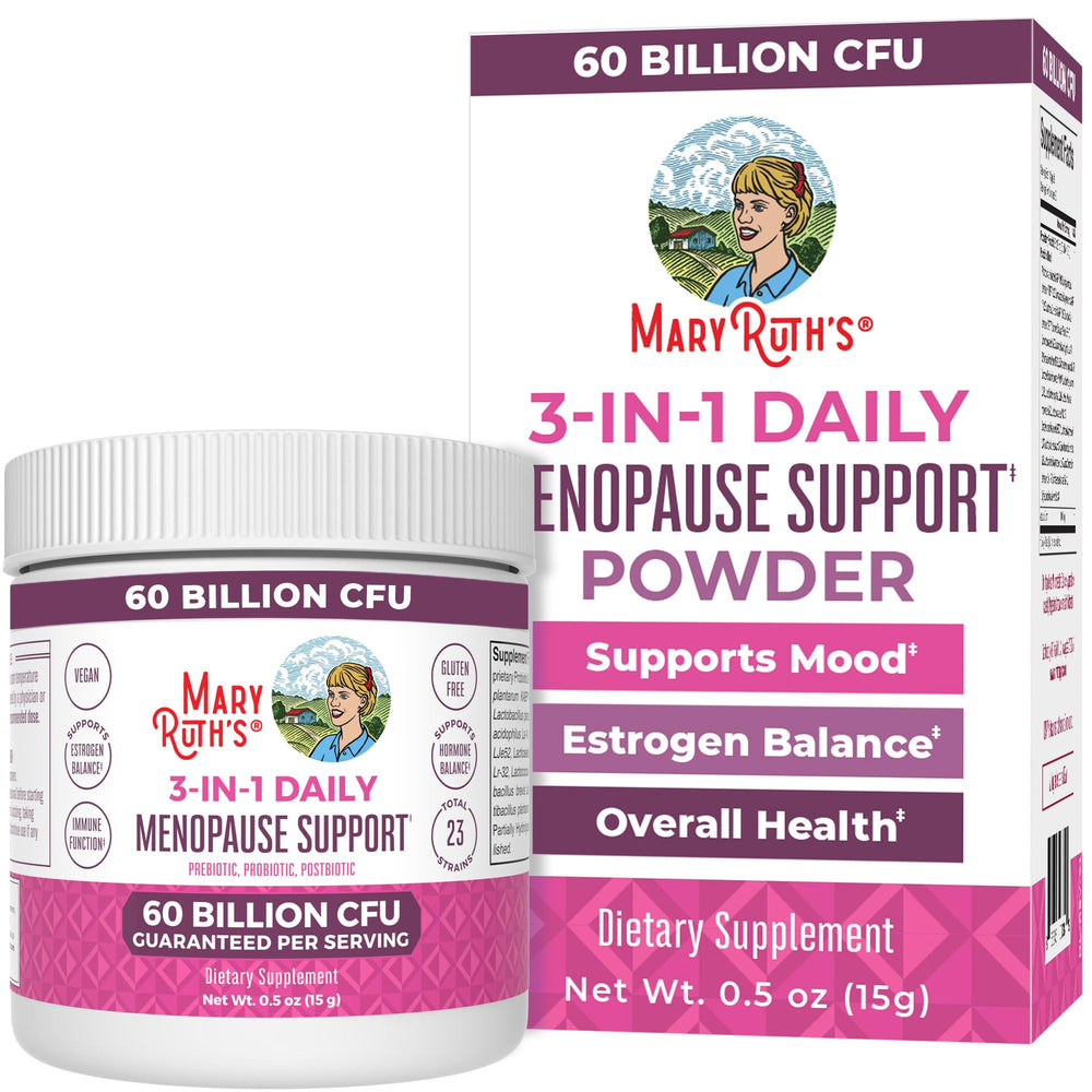 MaryRuth Organics 3-in-1 menopause probiotics tub supports daily balance.