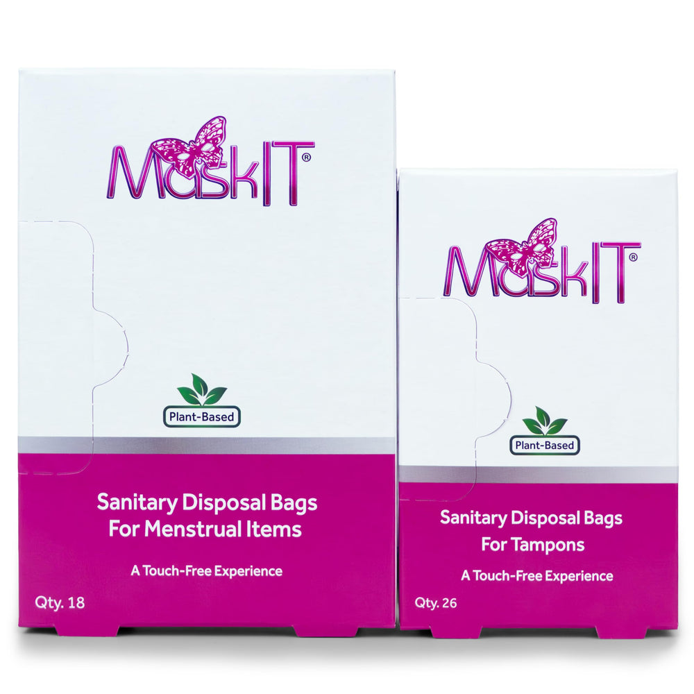 MaskIT tampon disposal bags box showing convenient disposal solution for clean removal