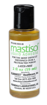 Mastisol liquid adhesive bottle close-up enabling secure dressings and devices.