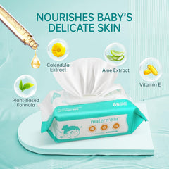 Maternella 99% water-based wipes for gentle cleansing.