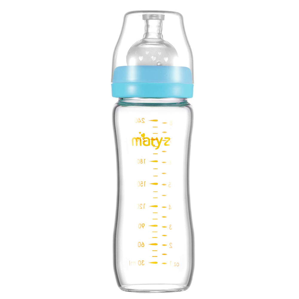 Matyz 8-ounce glass bottle with blue lid, sturdy grip for comfortable feeding.