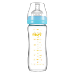 Matyz 8-ounce glass bottle with blue lid, sturdy grip for comfortable feeding.