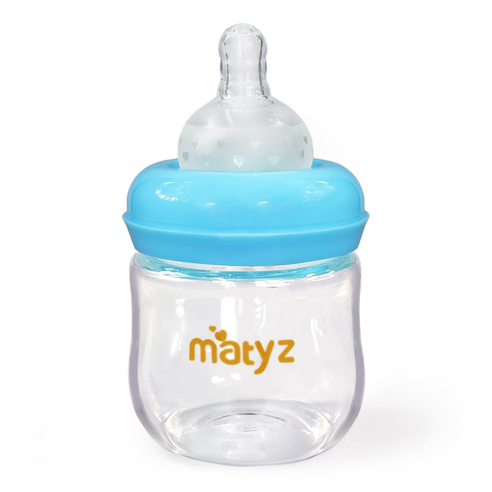 Matyz glass baby bottle with blue 4oz wide-neck design for easy cleaning