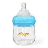 Matyz glass baby bottle with blue 4oz wide-neck design for easy cleaning