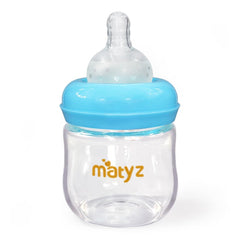 Matyz glass baby bottle with blue 4oz wide-neck design for easy cleaning