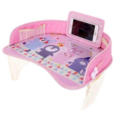 Mautopily Kids Travel Tray pink full setup, attaches securely to car seat for organized travel.